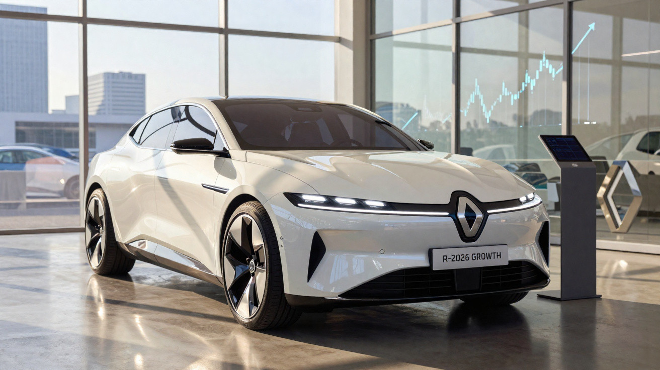 White Renault electric concept car displayed in a modern showroom with large windows and cityscape view.