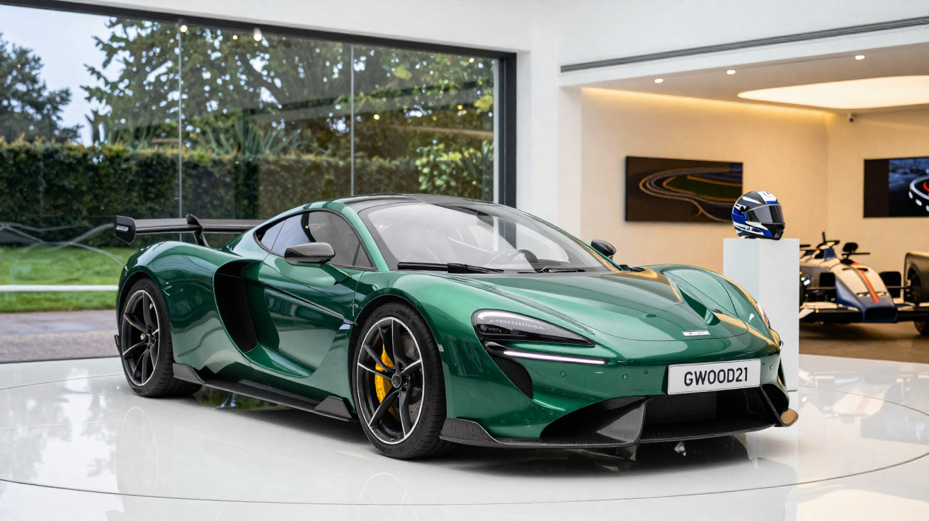 Green McLaren sports car displayed indoors with racing helmet and car in background