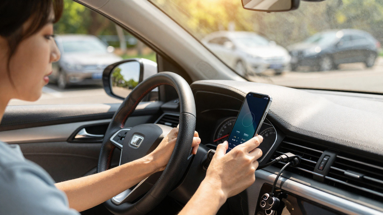 Person holding a smartphone while sitting behind the steering wheel of a parked car on a sunny day.