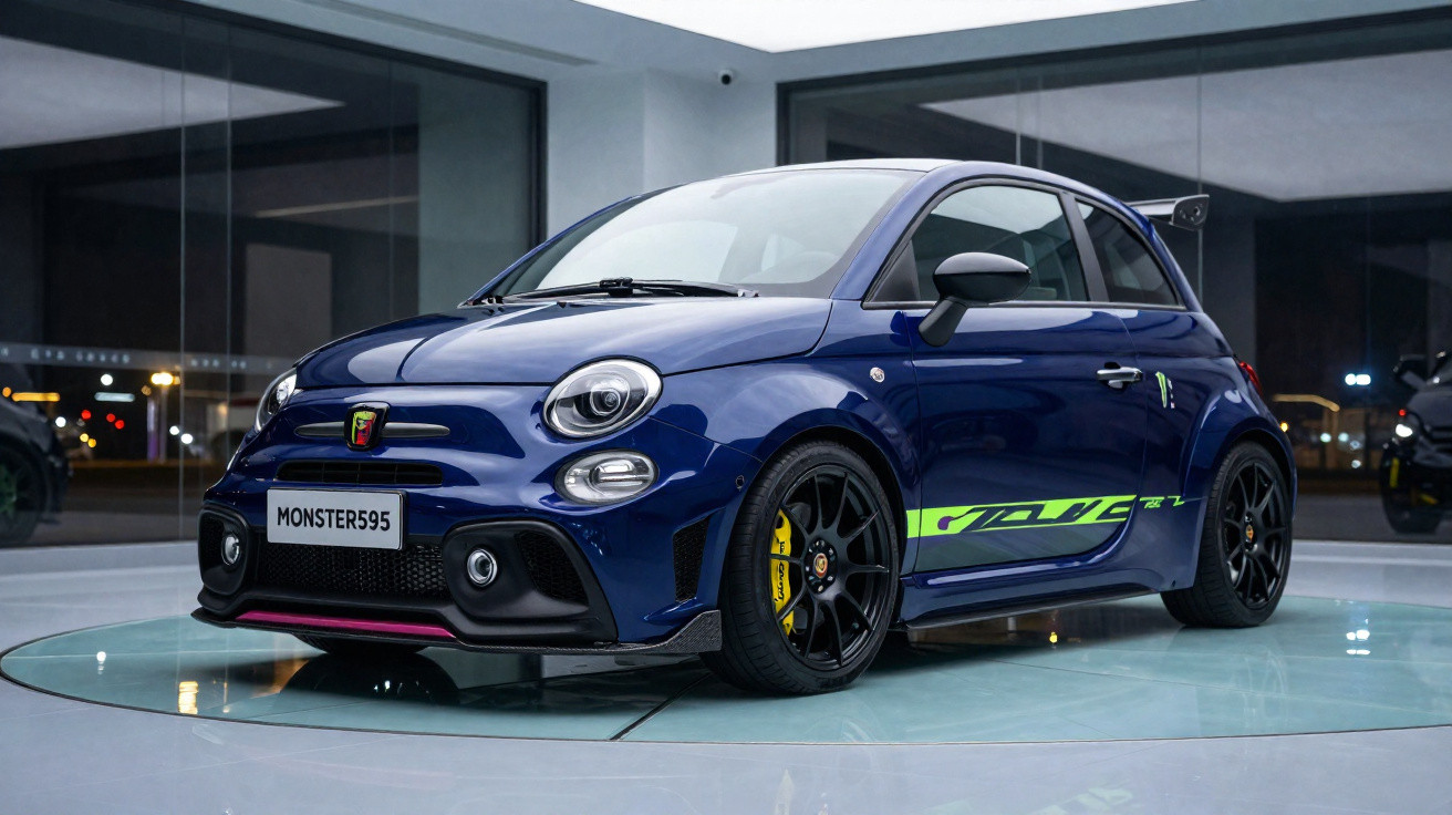 Blue Abarth 595 sports car with black wheels and neon green side decals in modern showroom