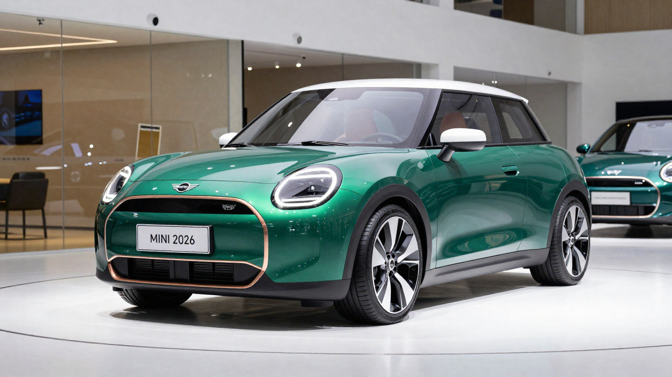 Green MINI 2026 model with white roof displayed in a showroom on a white circular platform.