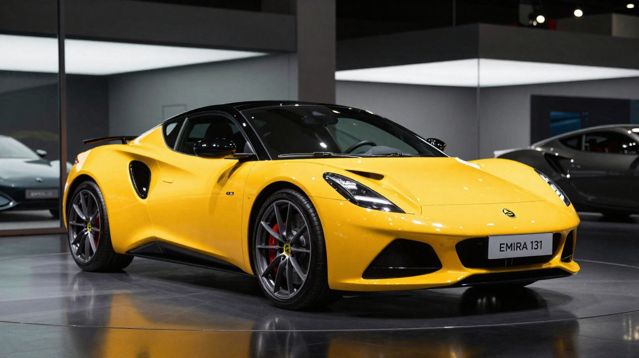 Yellow Lotus Emira sports car displayed indoors with sleek design and black roof, photographed from front left angle.