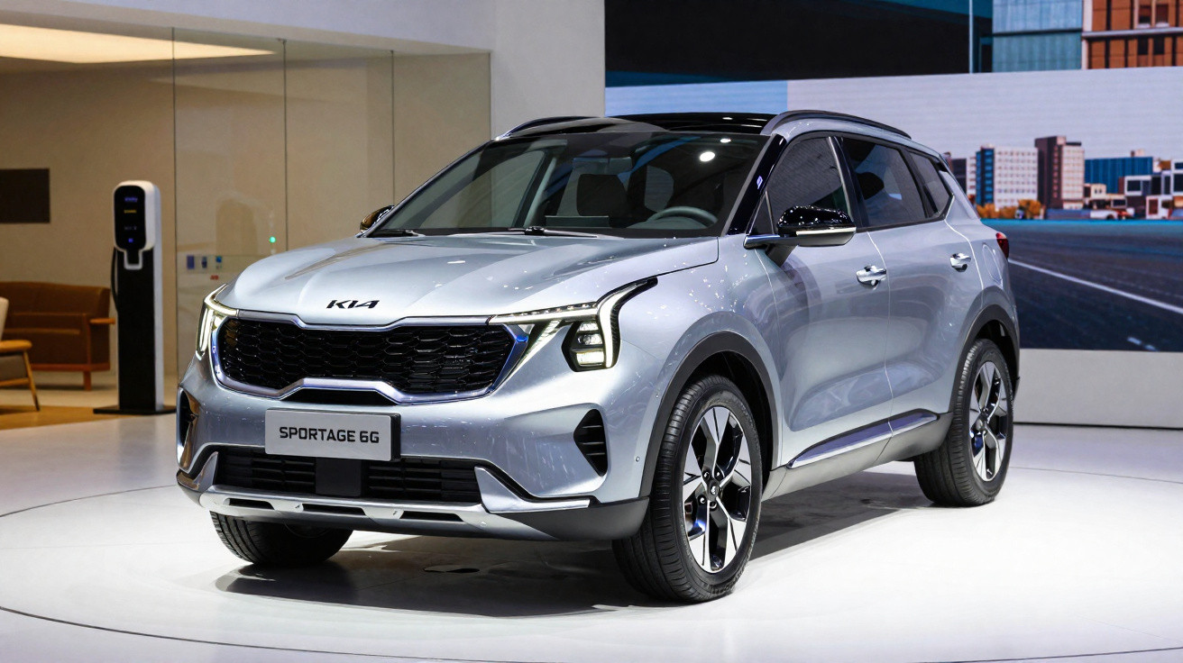 Silver Kia Sportage GG SUV displayed in a showroom with modern cityscape backdrop and charging station.
