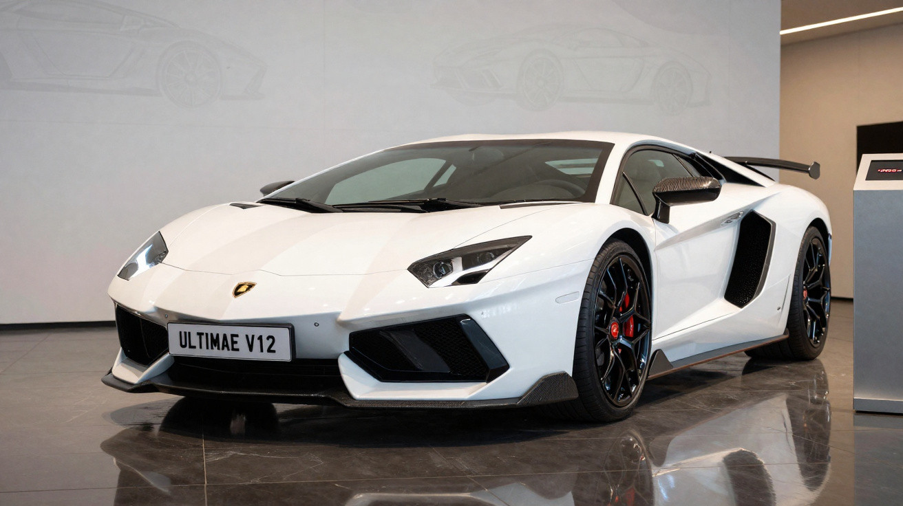 White Lamborghini Ultimae V12 sports car displayed indoors on polished floor with black wheels and red brake calipers.