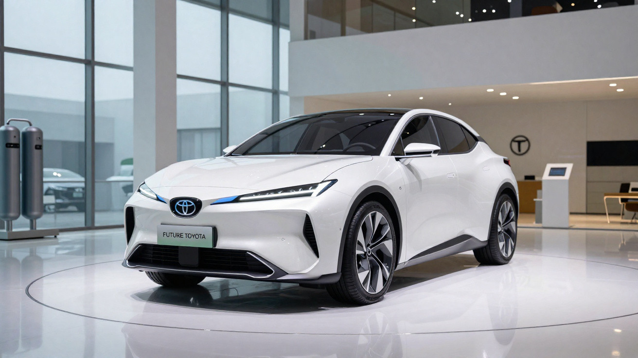 White futuristic Toyota electric car displayed in a modern showroom with large windows and sleek design.