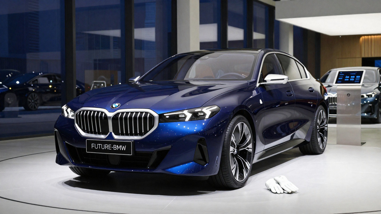 Blue futuristic BMW sedan displayed indoors with large grille and white gloves on floor next to it