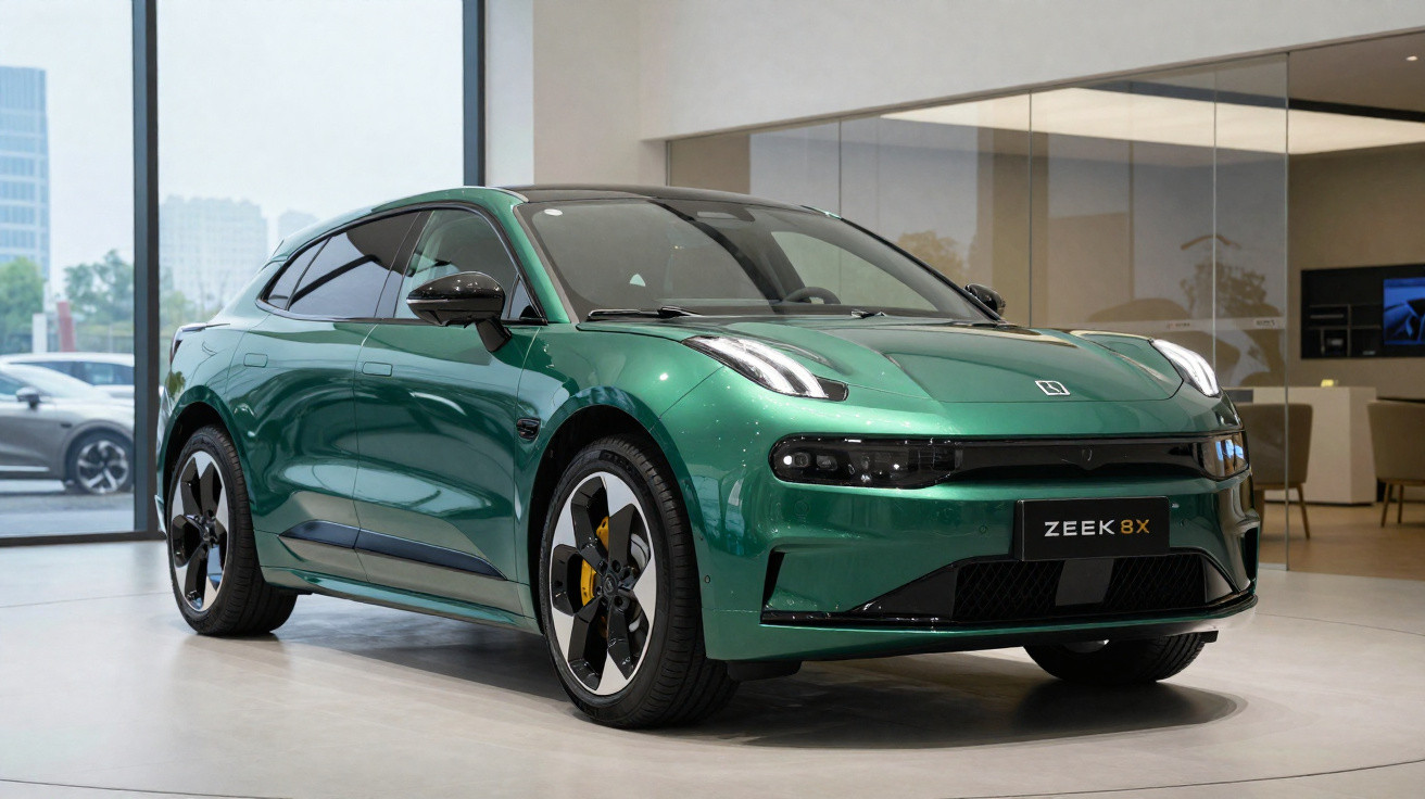 Green Zeekr 8X electric car showcased in a modern showroom with large windows and polished floors.