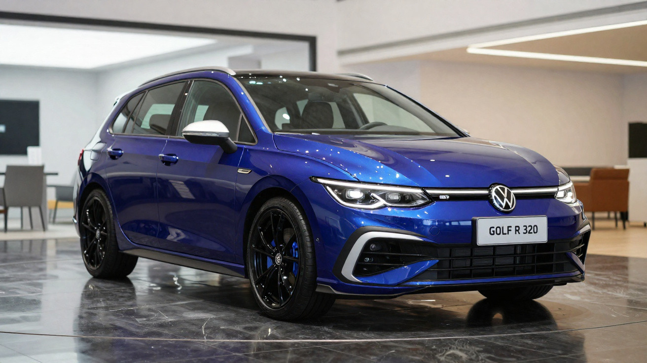 Blue Volkswagen Golf R 320 hatchback car displayed indoors on a glossy floor with modern furniture in the background.
