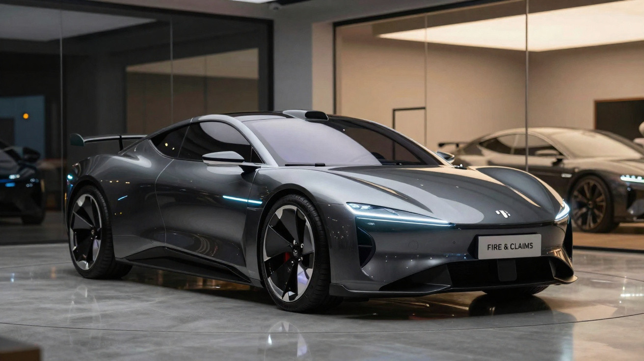 Sleek grey electric sports car parked indoors with glossy reflective floor and modern background.
