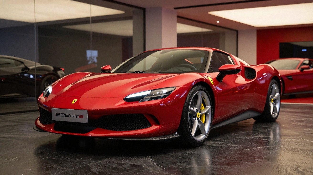 Red Ferrari 296 GTB sports car parked indoors with sleek design and yellow brake calipers.