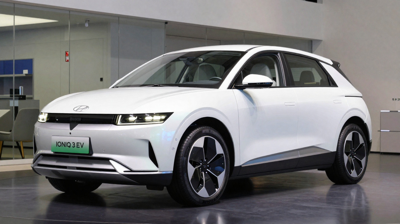 White Hyundai Ioniq 3 EV electric hatchback parked indoors with modern design and black-accented wheels.