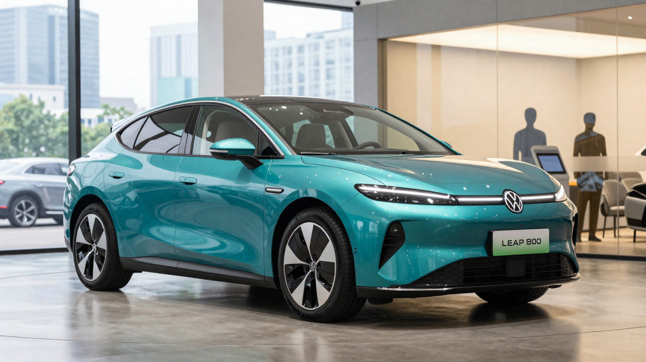 Teal Volkswagen Leap 800 electric car displayed in a modern showroom with glass walls and cityscape background.
