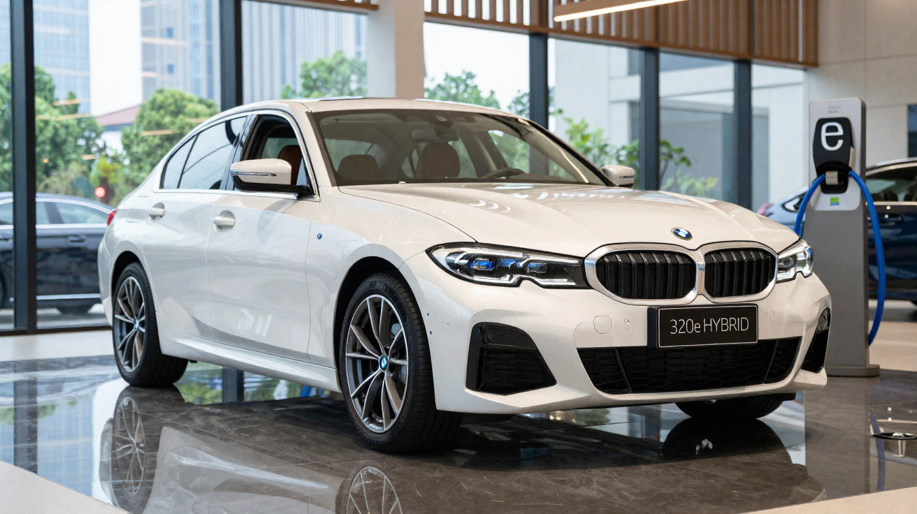 White BMW 320e Hybrid sedan displayed indoors near an electric vehicle charging station.