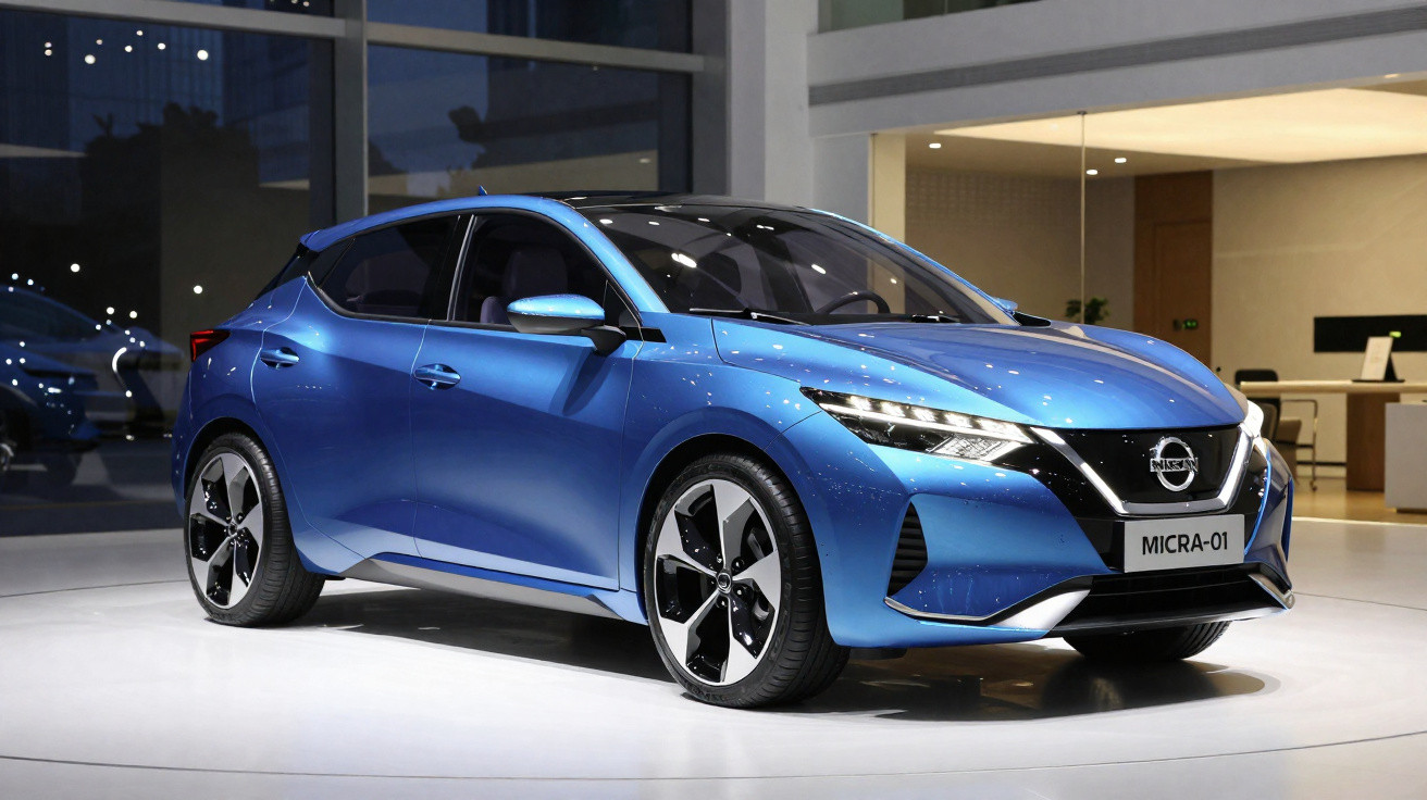 Blue Nissan Micra-01 electric hatchback showcased indoors under bright lights
