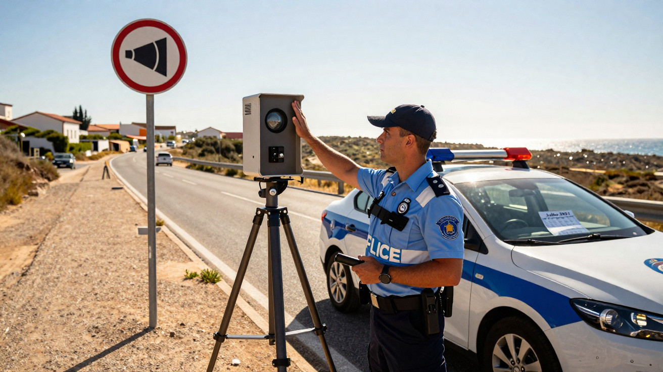 Police officer operating a speed camera on a roadside near a police car and a no horn sign.