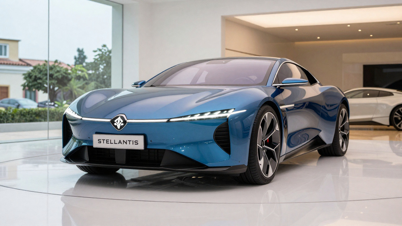 Blue Stellantis electric sports car displayed inside a modern showroom with large windows.