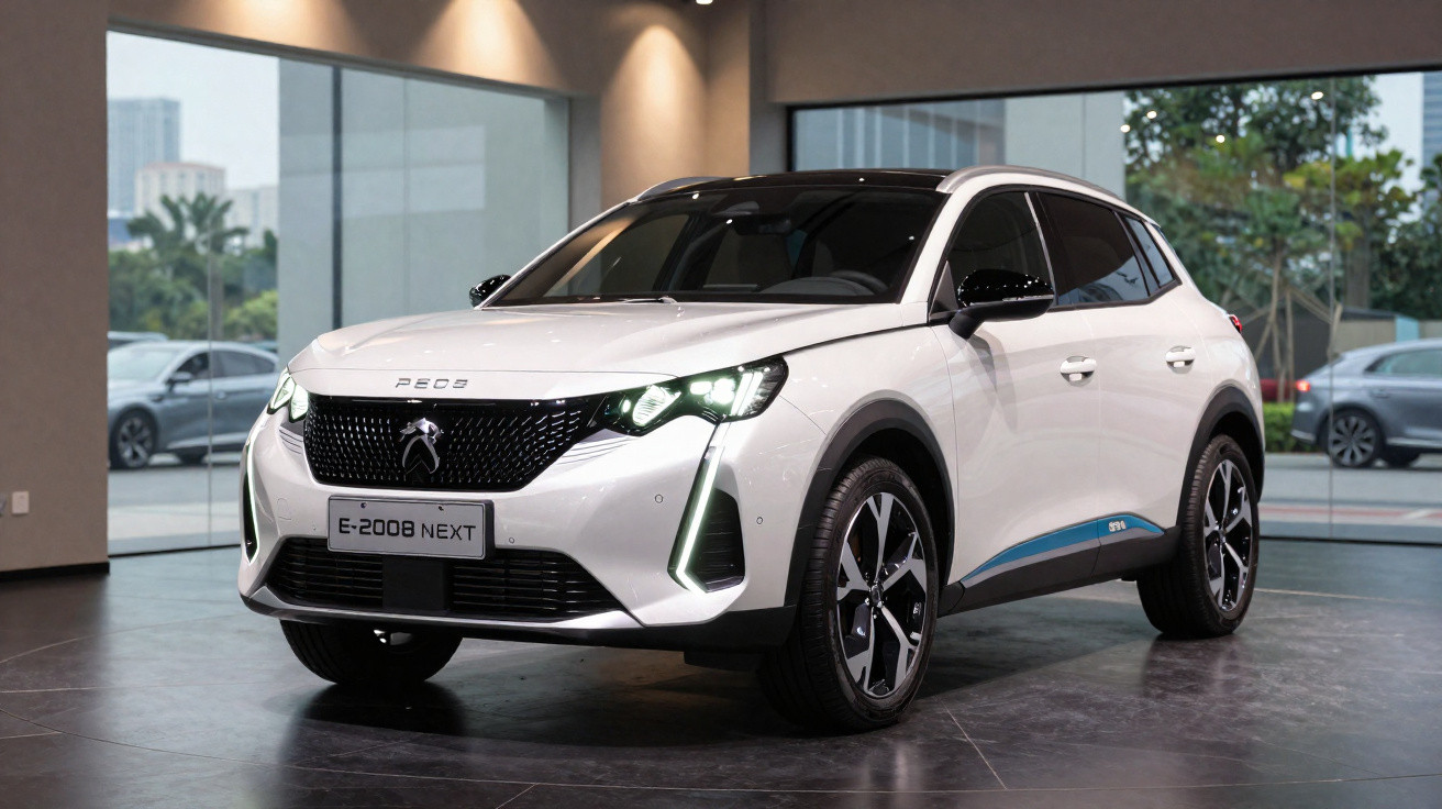 White Peugeot E-2008 Next electric SUV displayed indoors with headlights on and large windows in background
