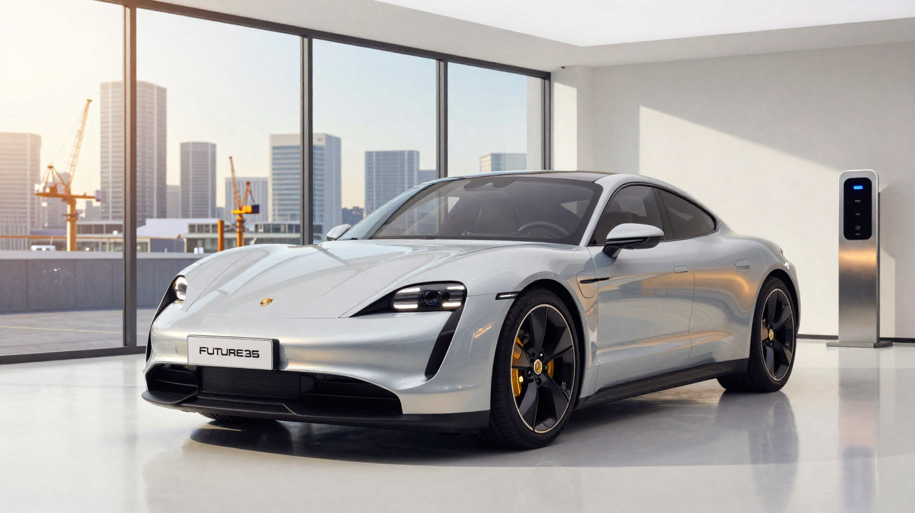 Silver Porsche electric sports car parked indoors next to a charging station with city skyline in background.