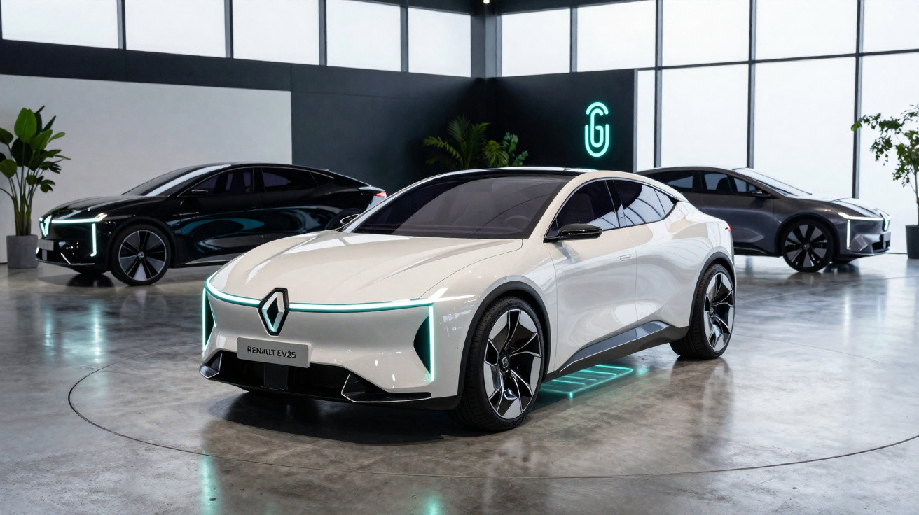 Three futuristic electric cars in a showroom, with a white Renault EV25 in the foreground.