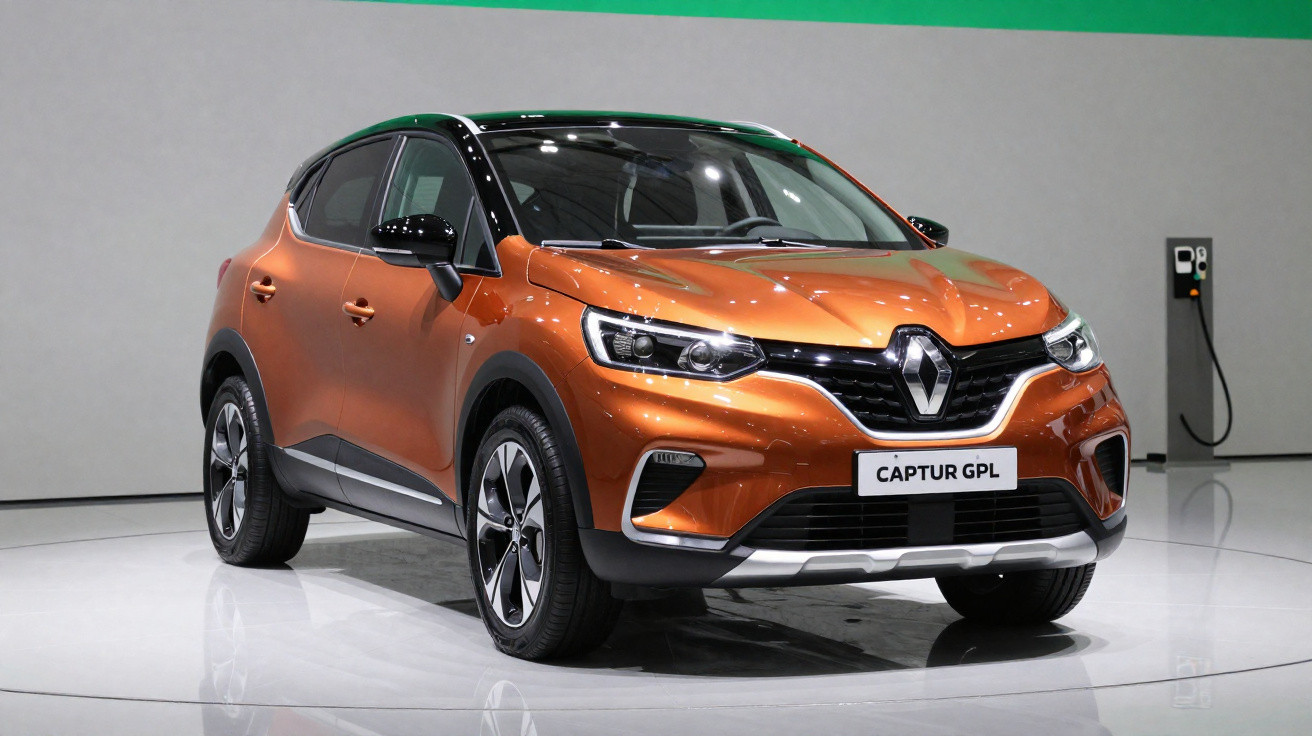 Orange Renault Captur GPL compact SUV on display in a showroom with reflective floor and grey wall background.