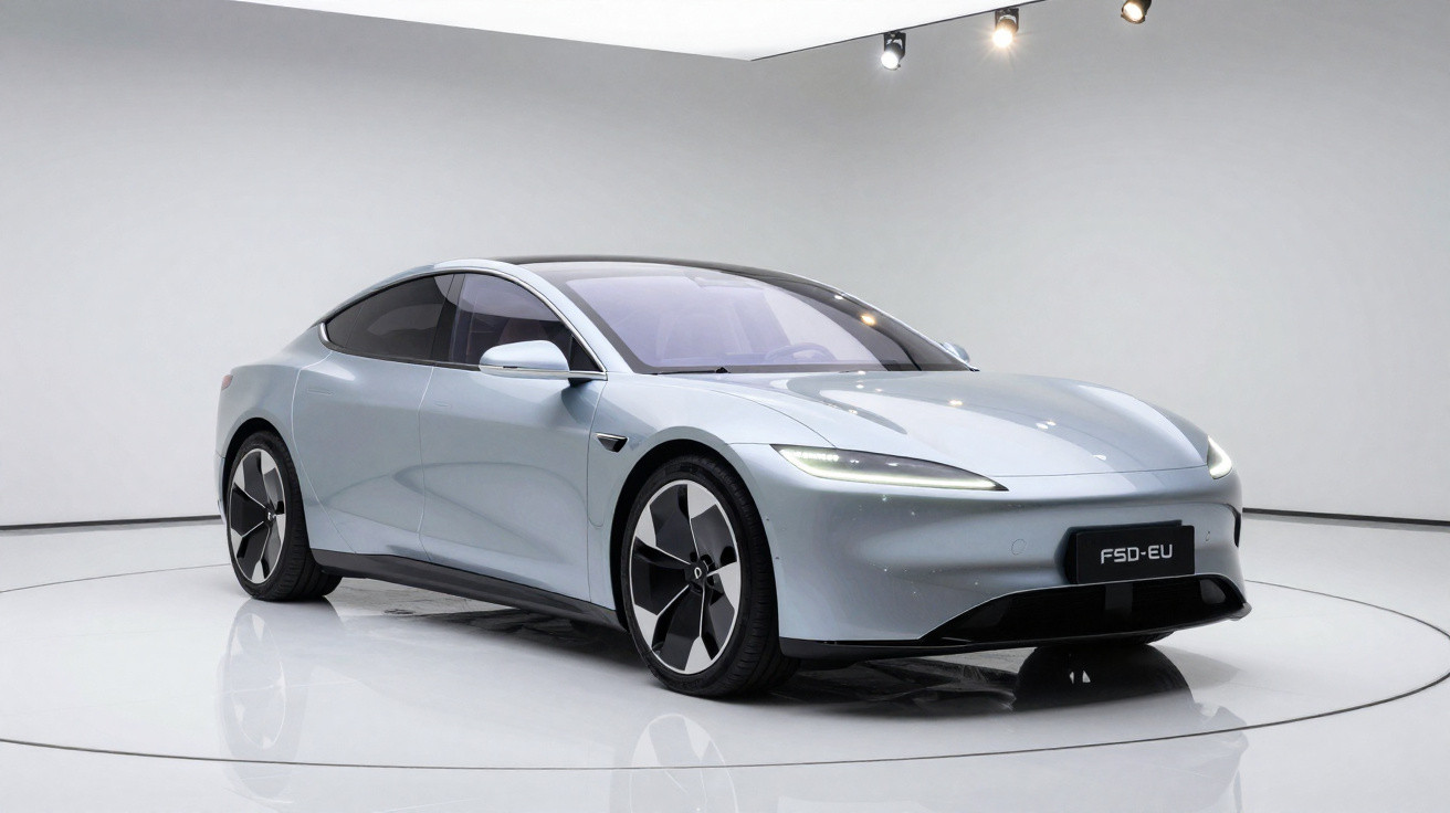 Silver modern electric sports car displayed in a white showroom with sleek aerodynamic design and tinted windows.