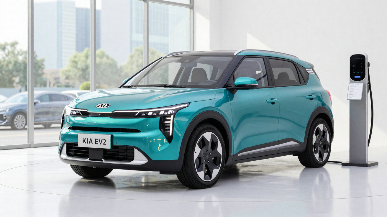 Turquoise Kia EV2 electric SUV displayed indoors next to a charging station in a modern showroom.