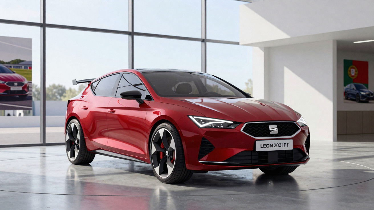 Red 2021 SEAT Leon hatchback with sporty design, black roof spoiler, and alloy wheels in a bright showroom.