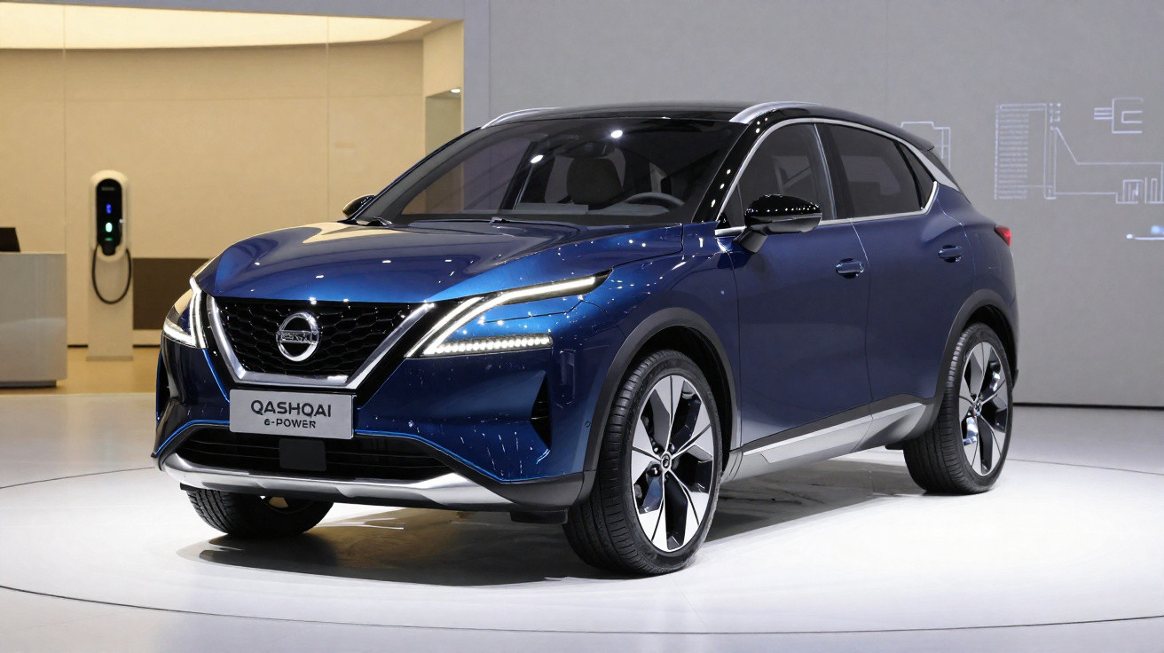 Blue Nissan Qashqai e-Power SUV displayed on a showroom floor with modern headlights and alloy wheels.