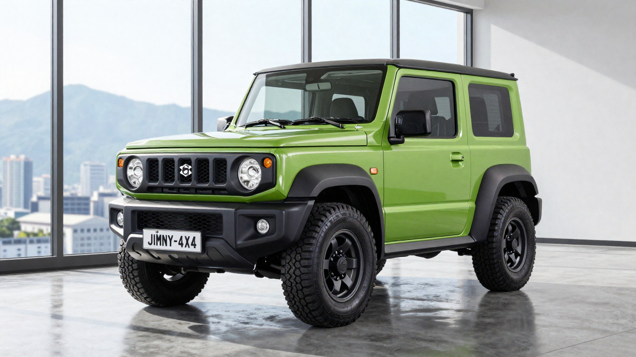 Green compact 4x4 off-road vehicle parked indoors with cityscape through large windows in background.