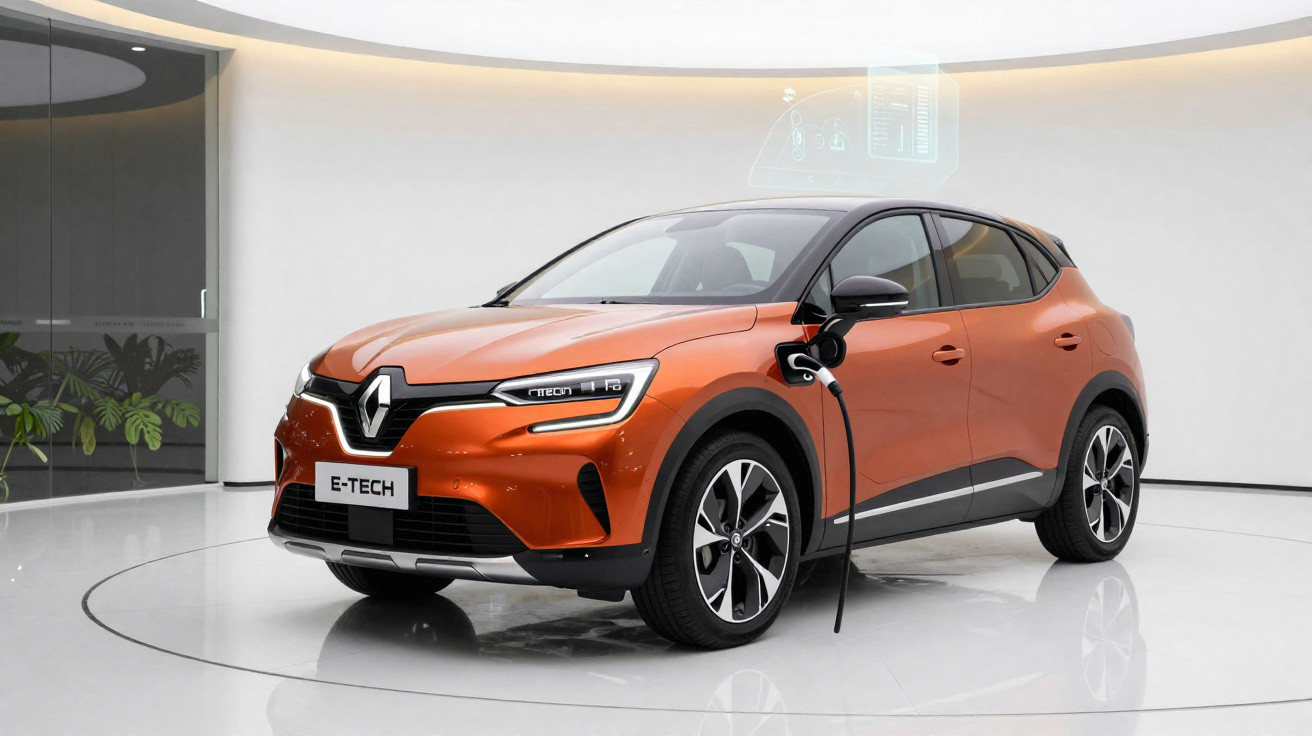 Orange Renault E-Tech electric car charging inside a modern showroom with white walls and circular lighting.