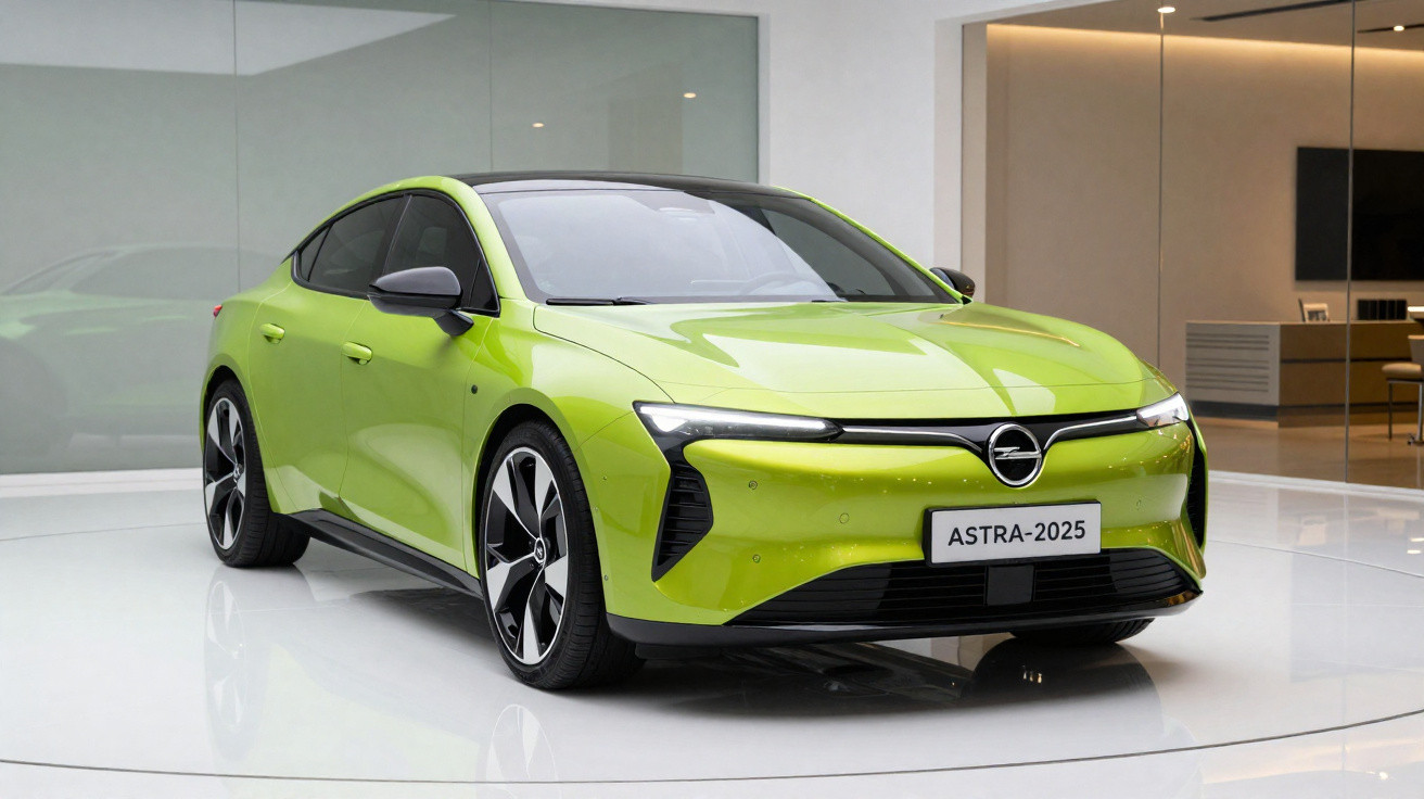 Bright green Opel Astra 2025 model electric car displayed in a modern showroom with reflective floor.