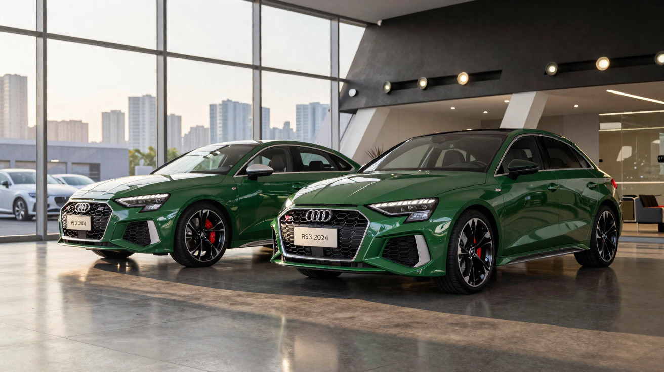 Two green Audi RS3 2024 cars parked indoors with city buildings visible through large windows.
