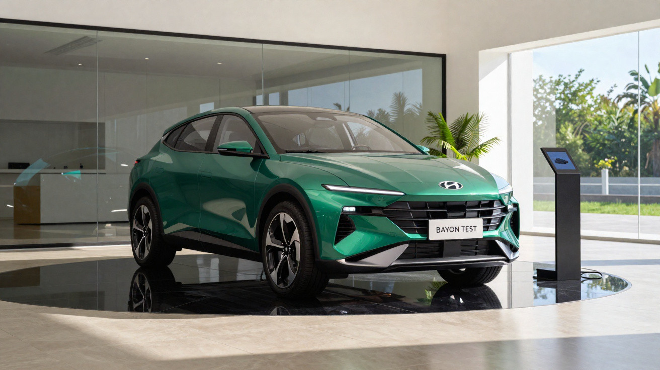 Green Hyundai Bayon car displayed indoors on a round platform with glass walls and a digital kiosk nearby.
