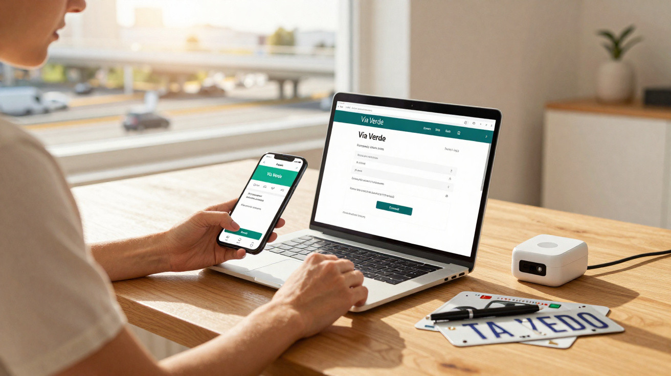 Person using a laptop and smartphone displaying the Via Verde website for electronic toll payments at a wooden desk.