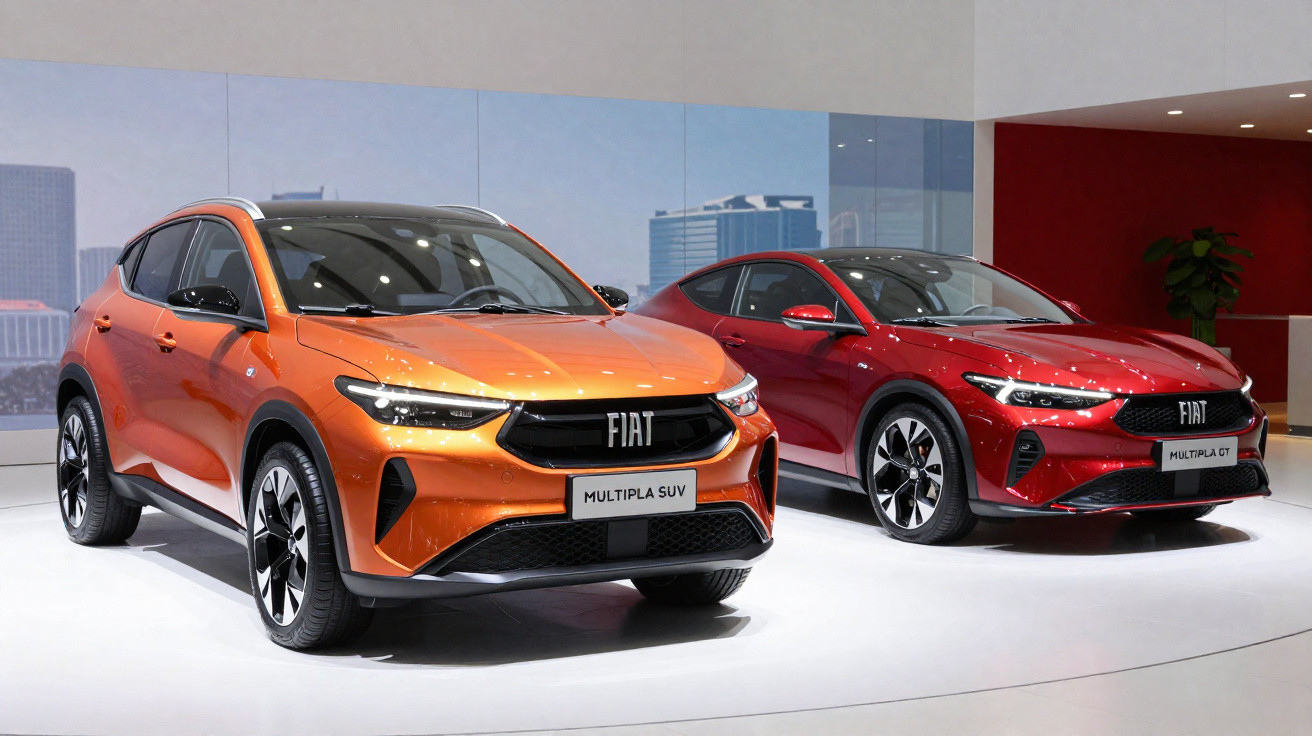 Two Fiat cars, an orange Multiplay SUV and a red Multiplay GT, displayed in a modern showroom.
