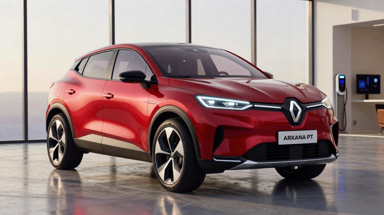 Red Renault Arkana PT electric SUV parked indoors near a charging station with LED headlights on.