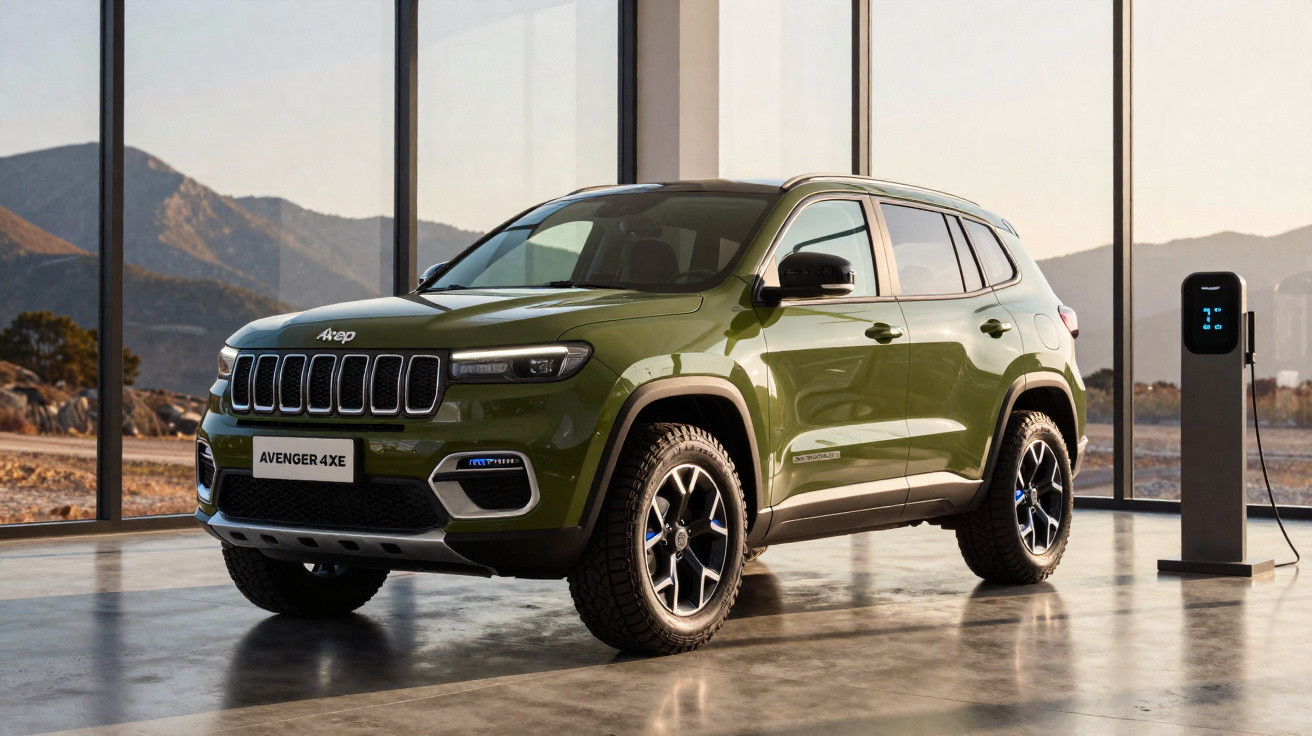Green Jeep Avenger 4XE electric SUV parked indoors next to a charging station with mountain view outside.