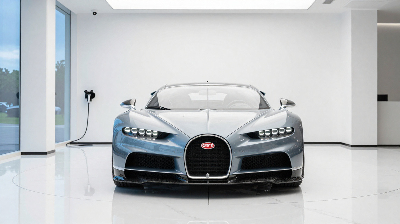 Front view of a grey Bugatti Chiron sports car displayed in a modern showroom with a charging station.