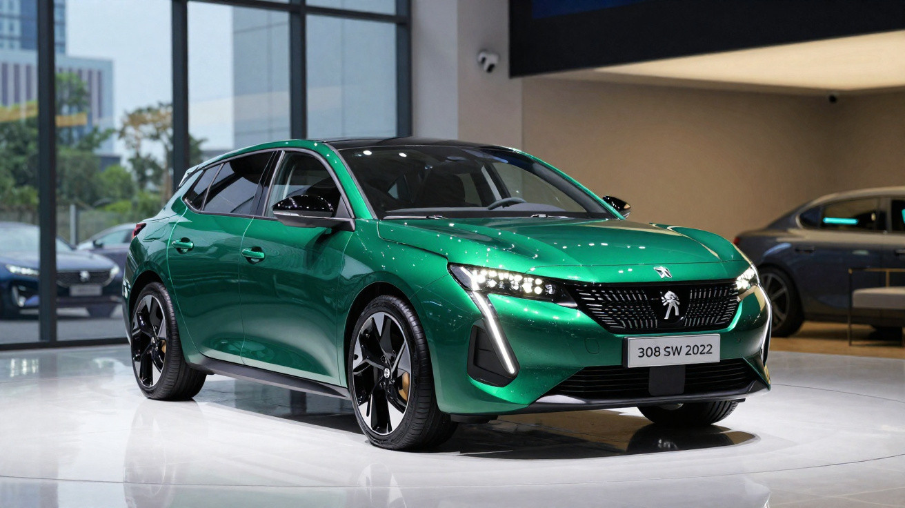 Green Peugeot 308 SW 2022 model parked indoors with modern design and distinctive front LED lights.