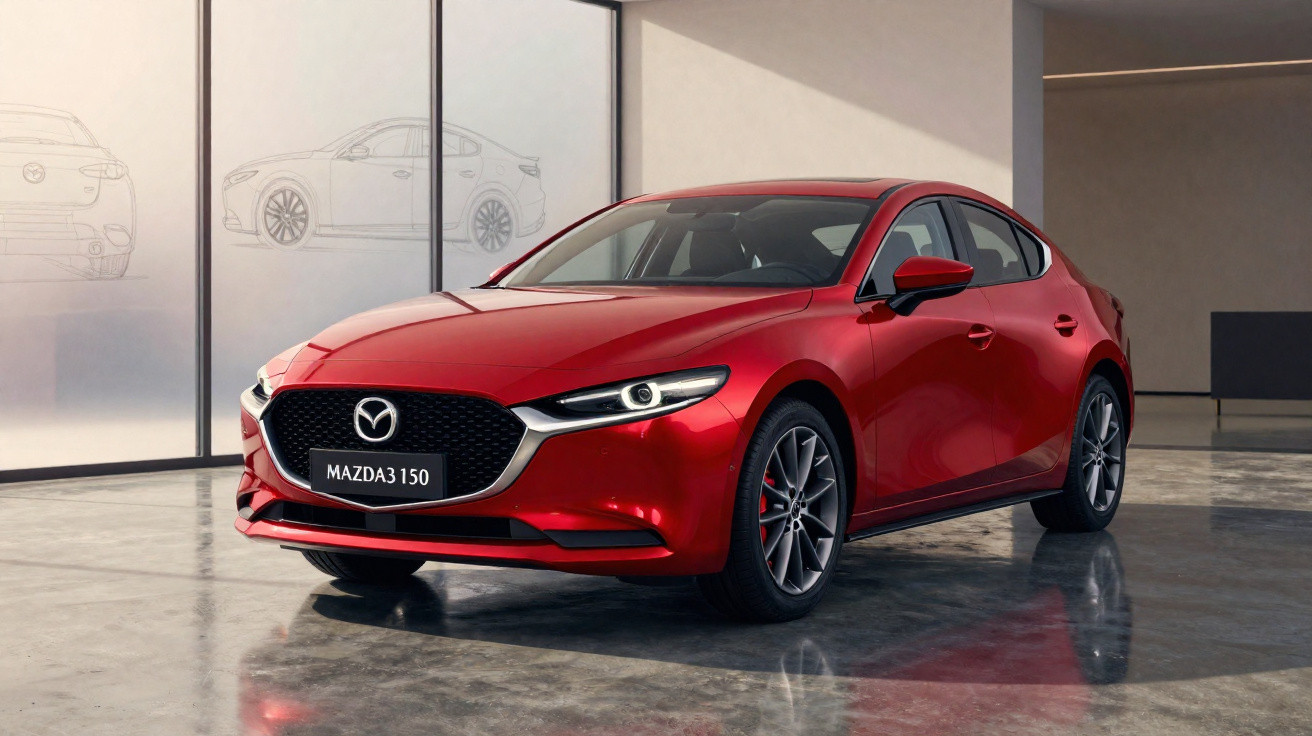 Red Mazda3 150 hatchback parked in a modern showroom with car design sketches on glass wall.