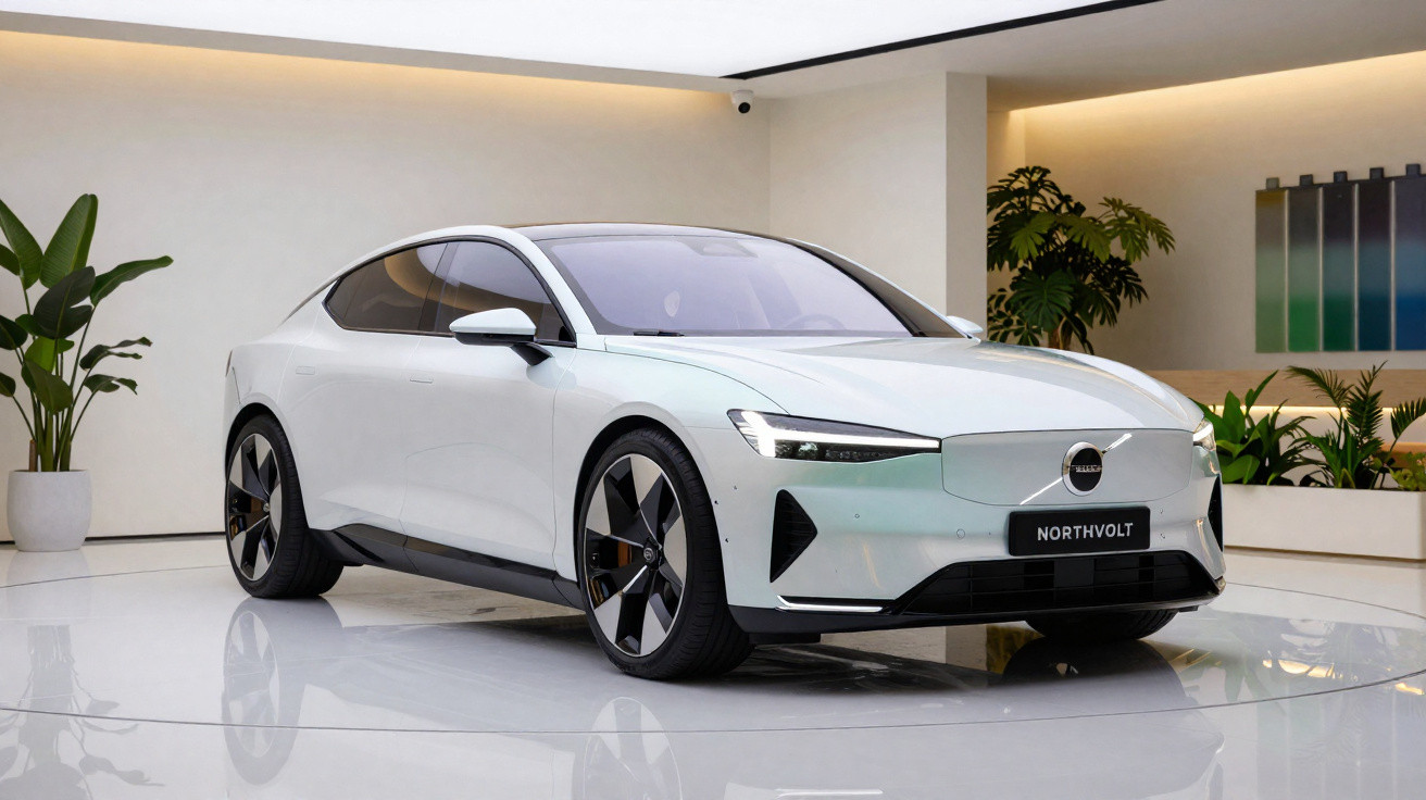 White Northvolt electric car displayed in a modern, minimalistic showroom with plants and ambient lighting.