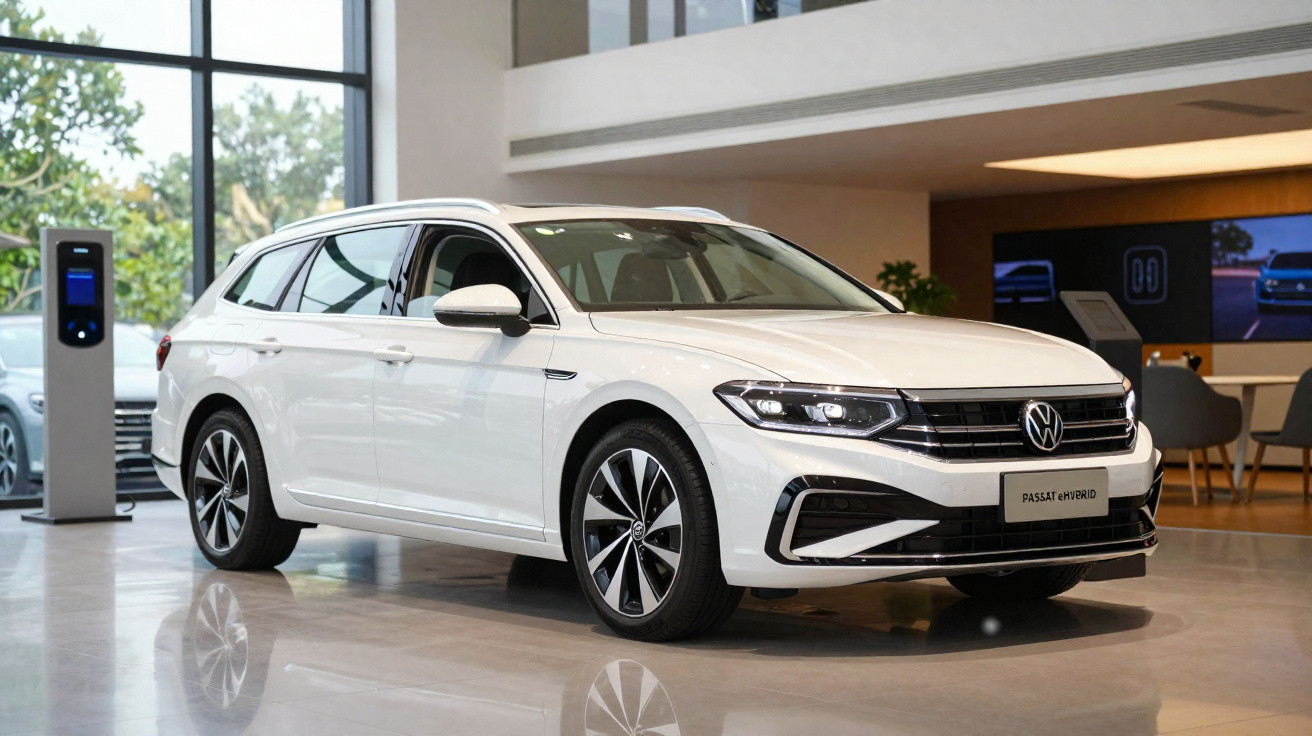 White Volkswagen Passat estate car displayed indoors with modern rims and LED headlights.