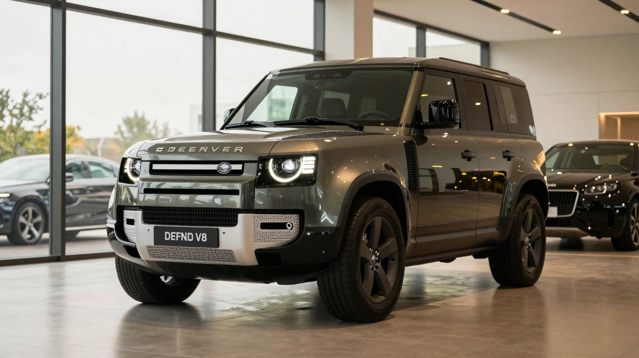 Grey Coberver DEFND V8 SUV displayed indoors with modern vehicles in the background