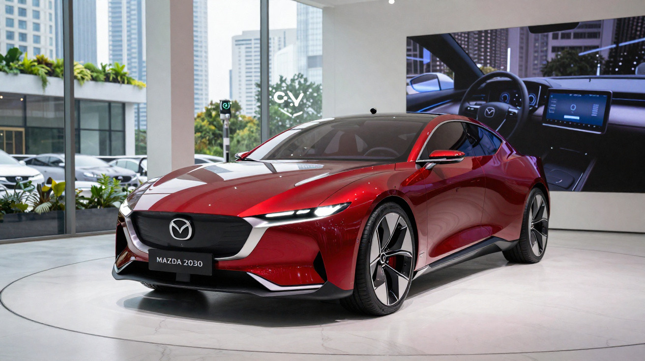 Red Mazda 2030 electric concept car displayed indoors with modern city buildings visible through windows.