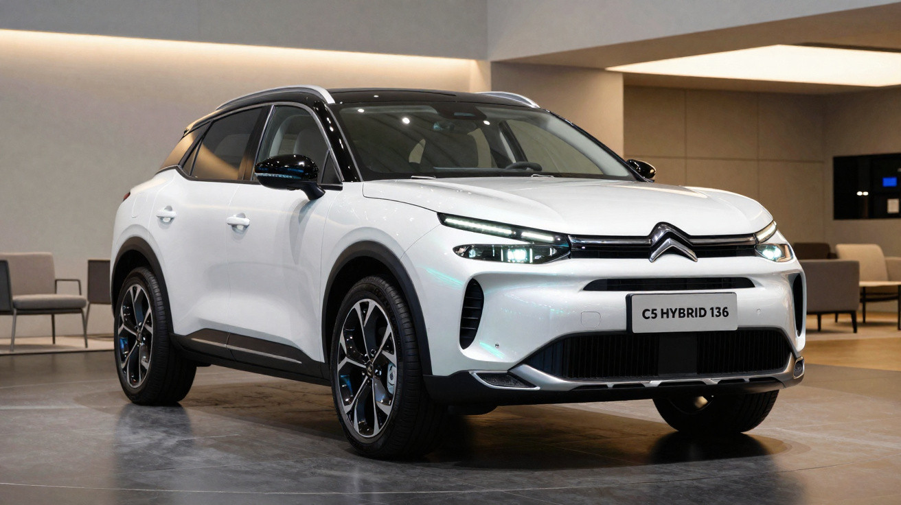 White Citroën C5 Hybrid 136 SUV parked indoors with modern minimalist furniture in background