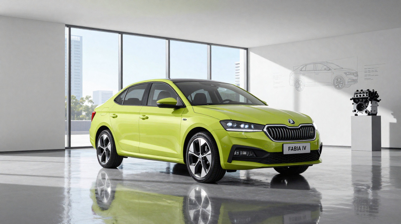 Bright green Škoda Fabia IV parked inside a modern showroom with large windows and engine display.