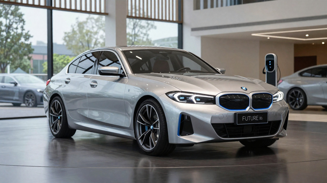 Silver BMW electric car on display inside a showroom with a charging station in the background