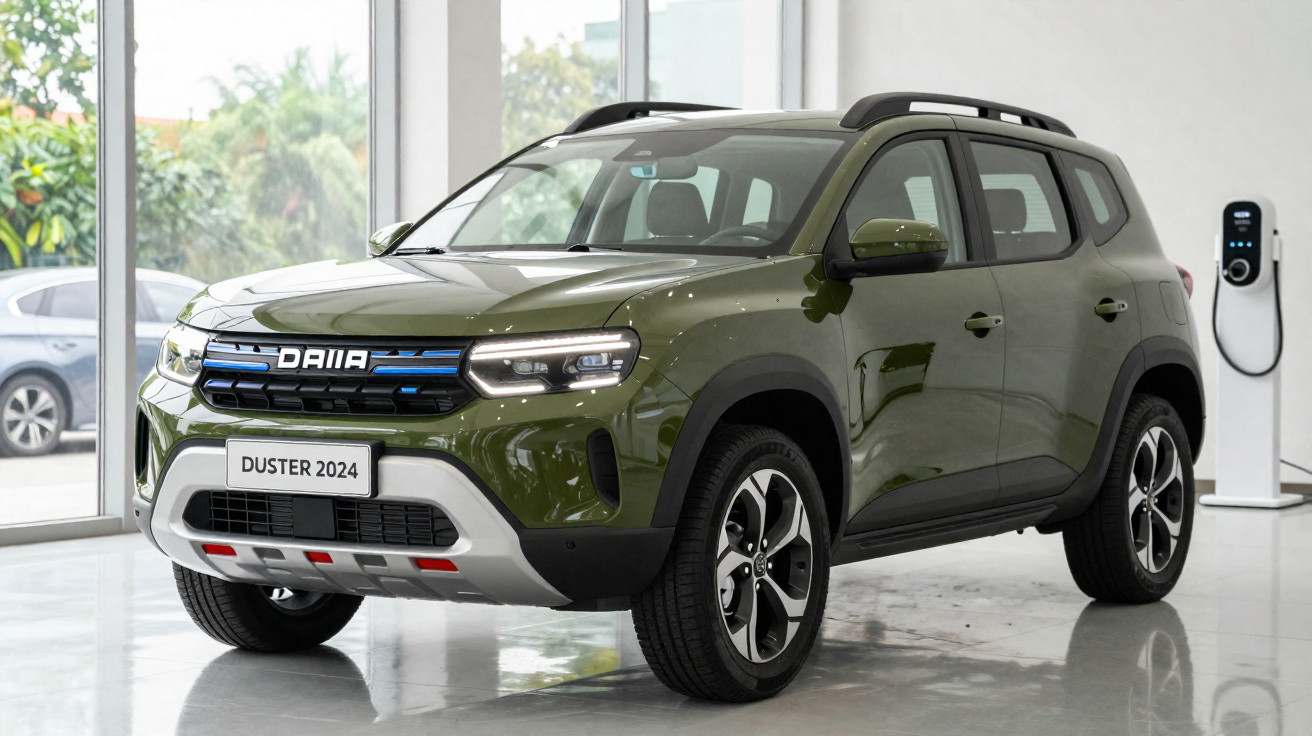 2024 olive green Dacia Duster SUV displayed indoors near an electric vehicle charging station.