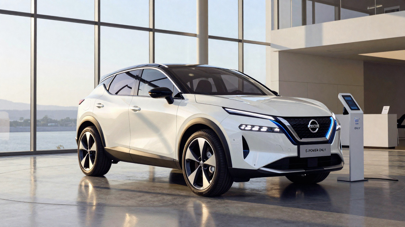 White electric Nissan SUV parked indoors beside a charging station in a modern building with large windows.