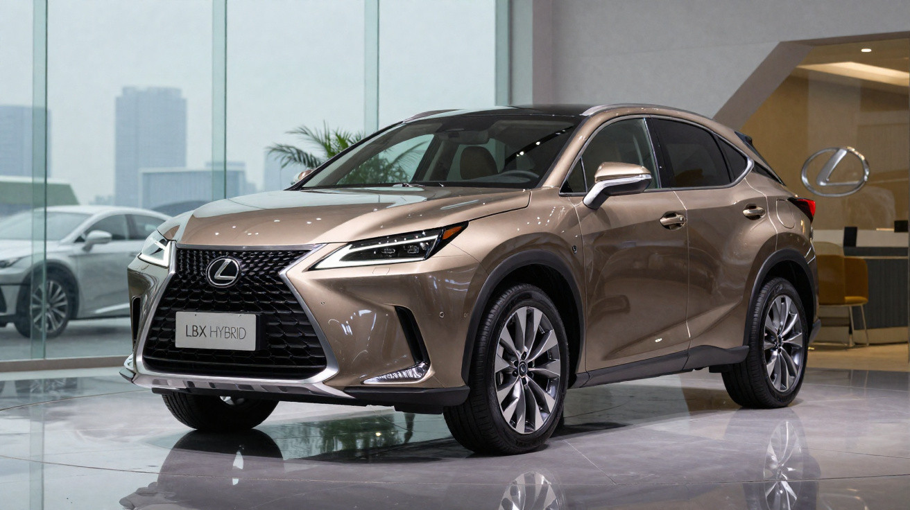 Metallic brown Lexus LBX Hybrid compact SUV displayed indoors with cityscape visible through glass windows.